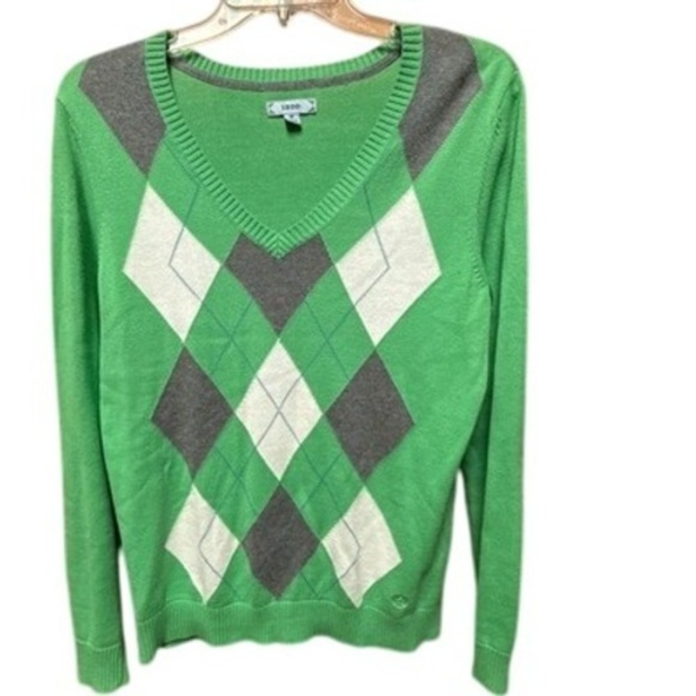 Izod Women's Pullover Argyle V-Neck Knit Sweater M Academia Golf Classic Preppy